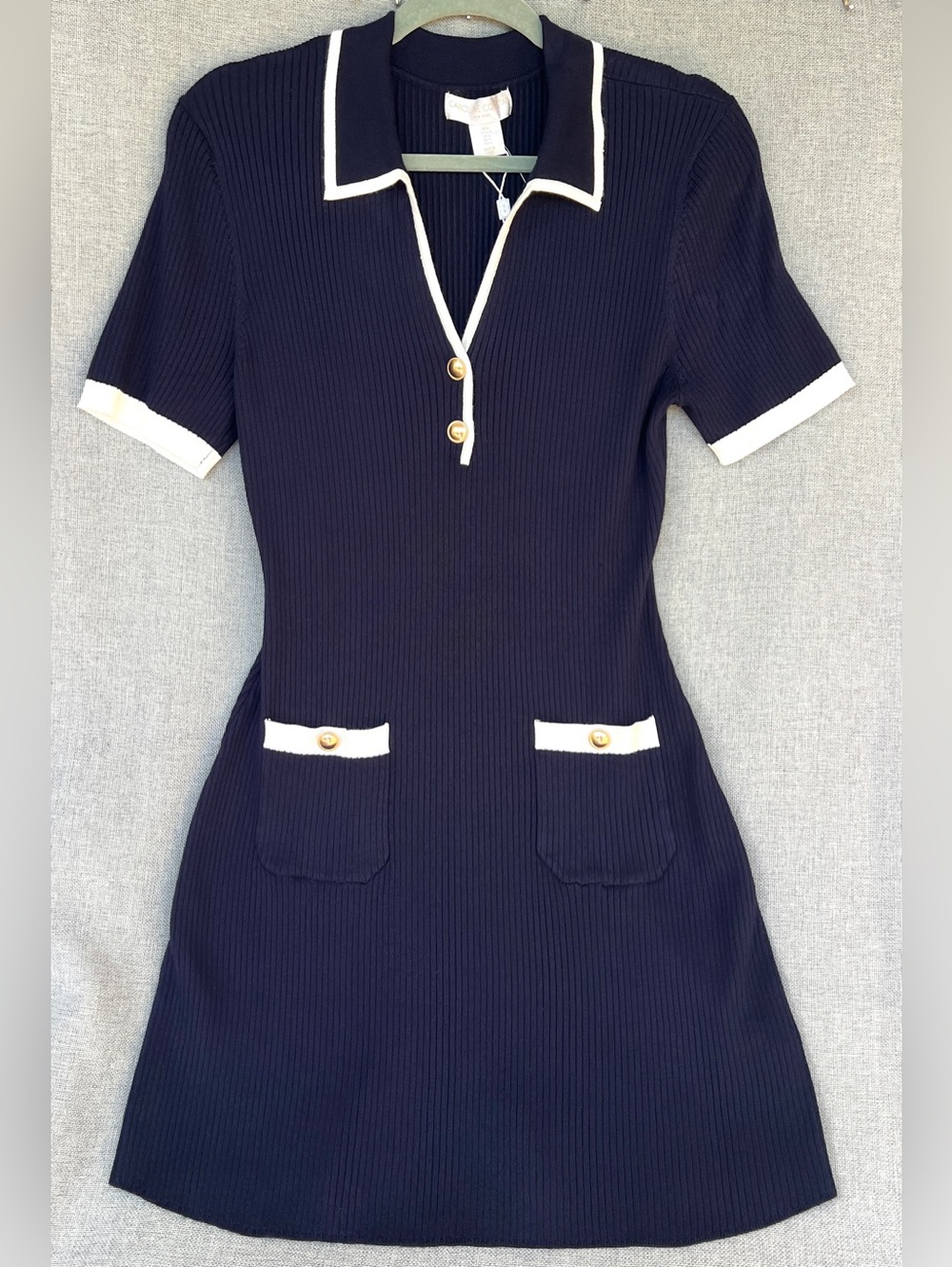 Caroline Constas Knit Ribbed mini dress short sleeve gold buttons size L